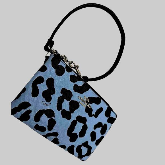 Coach Ocelot Print Grossgrain Leather Corner Zip Wristlet, Blue, Black, 41-15 - Picture 2 of 9